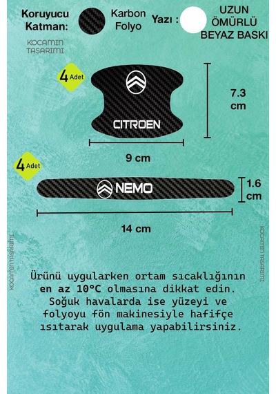 Yüksek Kaliteli Citroen Nemo Kapı Kolu Koruma Seti Karbon Desenli, 8 Parça Şık Beyaz Yazılı Folyo