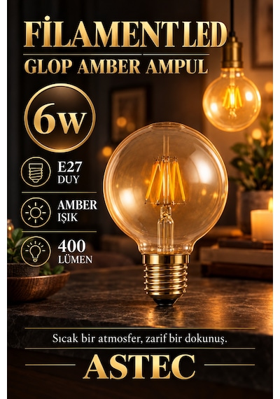 Astec E27 Glop 6 Watt Filament Ampul Amber Işık Dekoratif Filament Led Tombul Ampul