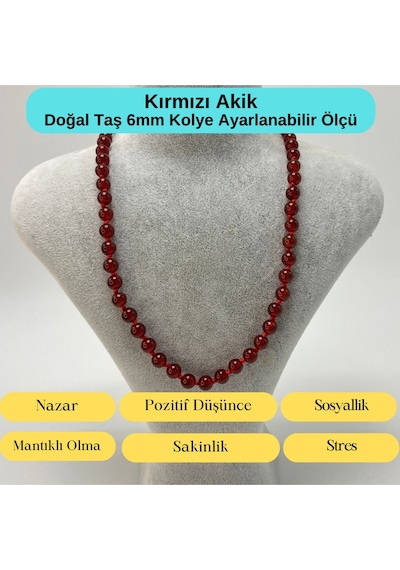 Yıldız Doğal Taş Kırmızı Akik Doğal Taş 6 MM Makrome Kolye 45 CM - 55 CM Ayarlanabilir Kırmızı