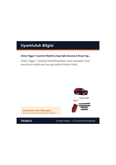 Trobus Chery Tiggo 7 Uyumlu Plastik İç Kapı Eşik Koruma 4 Parça Yapışkanlı Siyah