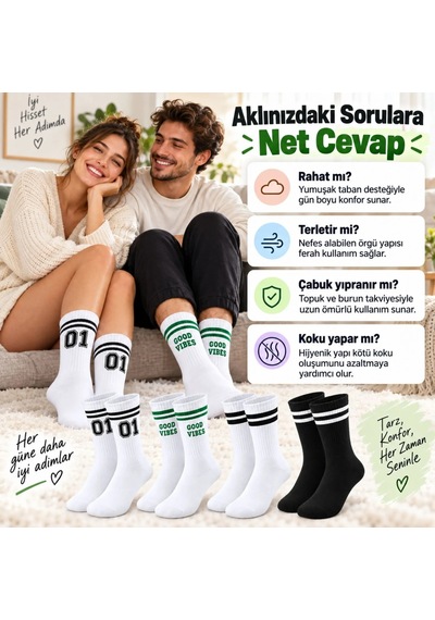 Storeşahin Unisex Çorap Çizgili 8'li Set 07 Good Vibes Yazılı Siyah Beyaz Uzun Soket Spor Kolej Stil Çorap Shn0720 Çok  Renkli