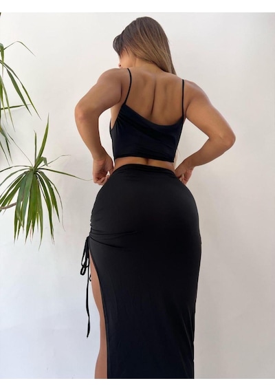 Pink Life Siyah Kriptografik Zarif Seksi İp Detaylı Maksi Elbise Siyah