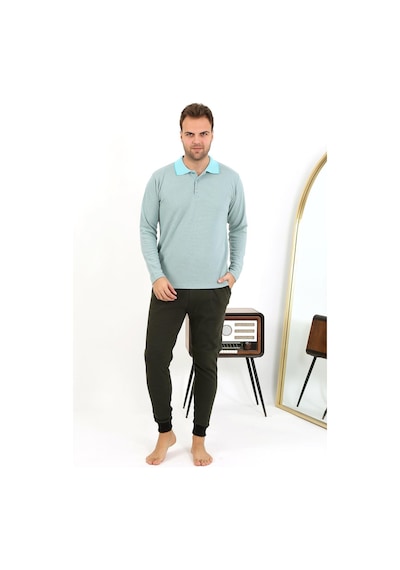 Akbeniz Erkek Polo Yaka Uzun Kol Penye Pijama Takımı 6862 Su Yeşili Su Yeşili