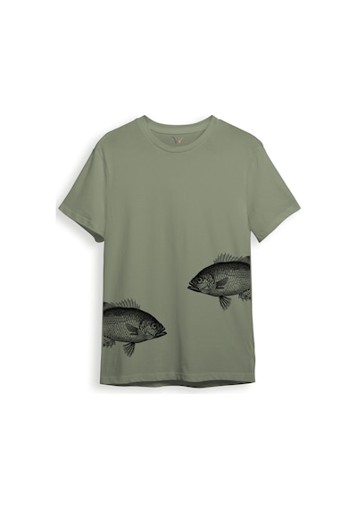 Sanatsal Balık Desenli Sade Ve Modern Tasarım Dijital Baskılı %100 Pamuk Regular Fit Unisex T-shirt Haki