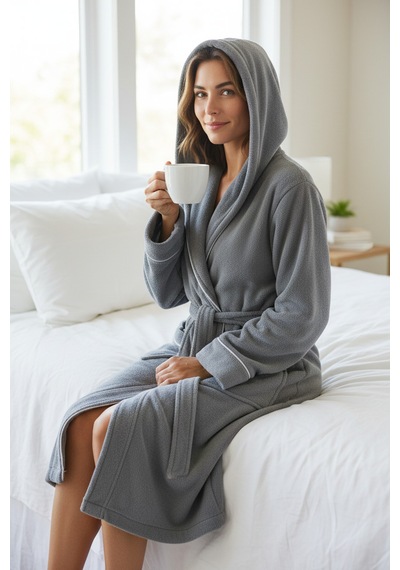 % 100 Pamuklu Laodikeia Kapşonlu Unisex Kadın Erkek Bornoz Gri