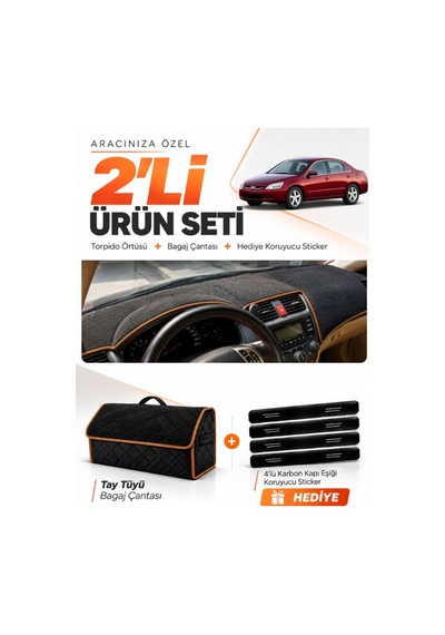Honda Accord 2002-2008 Uyumlu Torpido Örtüsü + Tay Tüyü Bagaj Çantası + Sticker - Siyah Kahverengi