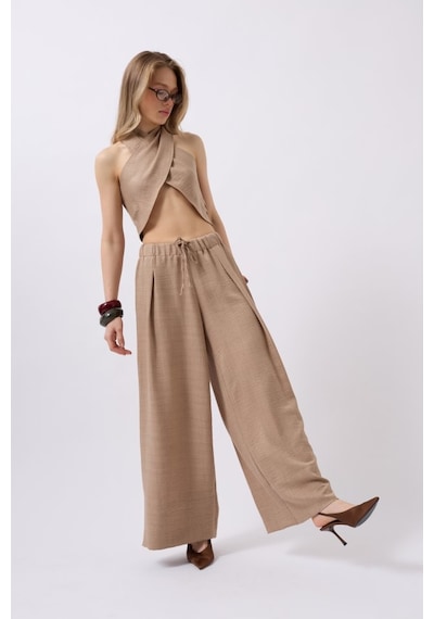 Hazego Düşük Bel Oversize Keten Pantolon Vizon