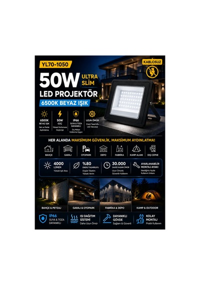 Noas Yl70-1050 50w Ultra Slim Led Projektör 6500k Beyaz Işık Ip66 Dış Mekan Aydınlatma - 920481604