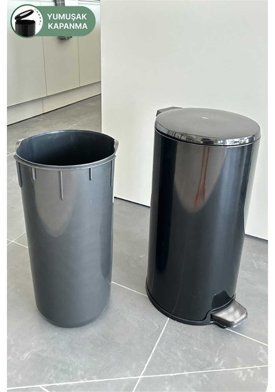 Cigo 20 Lt Yumuşak Kapanan Pedallı Banyo Mutfak Ofis Çelik Çöp Kovası - Siyah & İç Kısım Siyah-7306