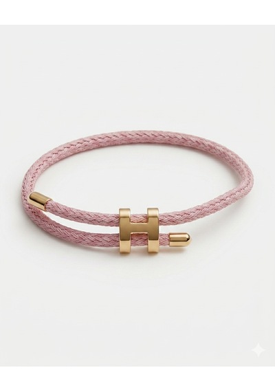 Unisex H Model Gold Renk Çelik Detay Pembe İp Bileklik
