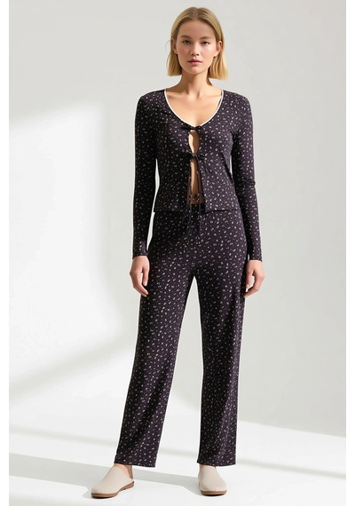 Benerly Kadın V Yaka Standart Kol Regular Kalıp Çiçek Desenli Pijama Takı Kahverengi