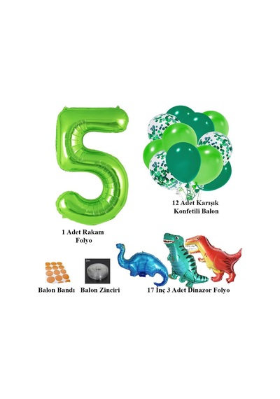5 Yaş Dinazor Set Rakam Folyo, 3 Adet Mini Dinazor Ve 10 Lu Balon