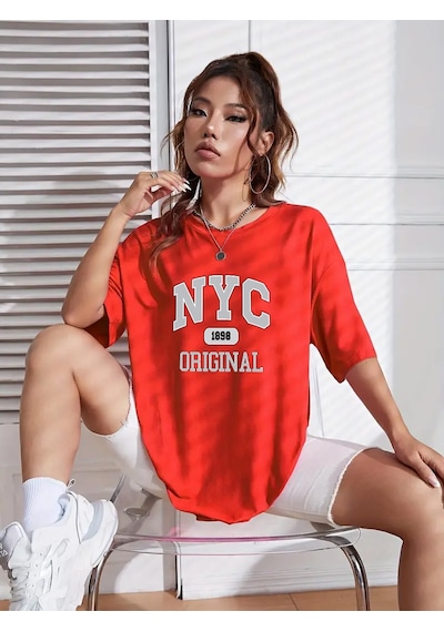 Nyc Baskılı Unisex Oversize Tshirt Kırmızı