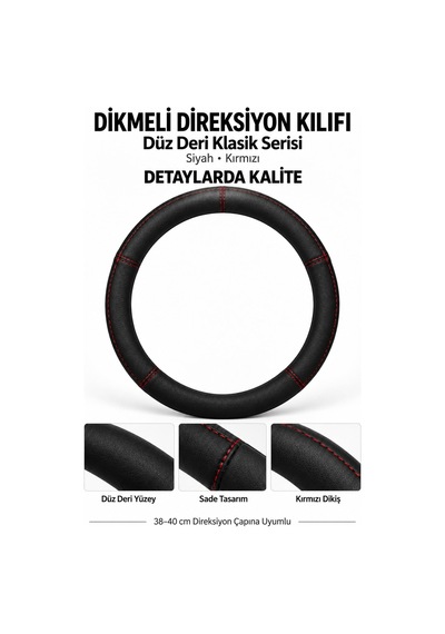 Trobus Renault Kangoo 2024 Ve Sonrası Uyumlu Dikmeli Direksiyon Kılıfı Düz Deri Klasik Siyah Kırmızı Siyah - Kırmızı