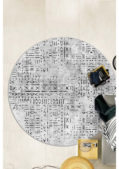 West Home Dijital Baskı Yıkanabilir Kaymaz Taban Yuvarlak Mutfak Halısı Salon Halısı Wh 548 Grey Yuvarlak