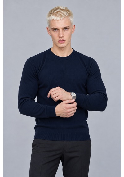 Hk Premium Erkek Fitilli Slim Fit Bisiklet Yaka Triko Kazak Lacivert
