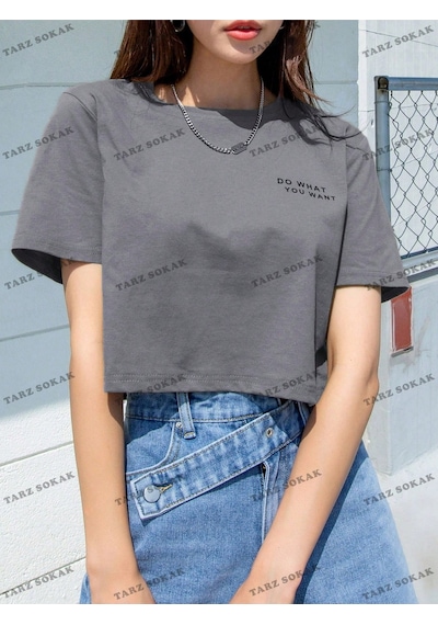 Flood Of Style Crop Ckod-232913 Dazy-less Sloganlı Grafik Kısa Gri