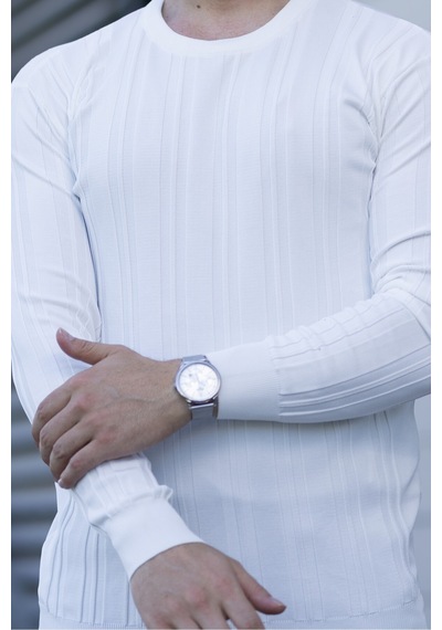 Hk Premium Kazak Fitilli Bisiklet Yaka Slim Fit Triko Beyaz