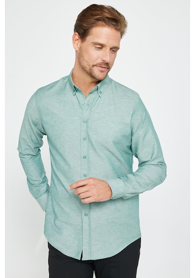 Tudors Erkek Slim Fit Dar Kesim Uzun Kollu Pamuklu Oxford Doku Kolay Ütülenebilir Yeşil Düğmeli Yaka Gömlek-31029-yeşil Yeşil