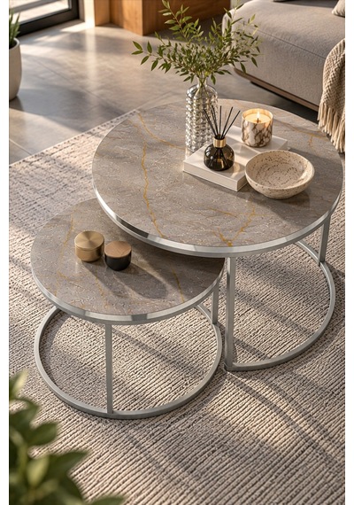 Sulorahome Gümüş Metal Ayaklı Mermer Desenli 2'li Yuvarlak Orta Sehpa Seti Antrasit - Safirmeşe Sulorahome Gümüş Metal Ayaklı Mermer Desenli 2'li Yuvarlak Orta Sehpa Seti Antrasit - Safirmeşe