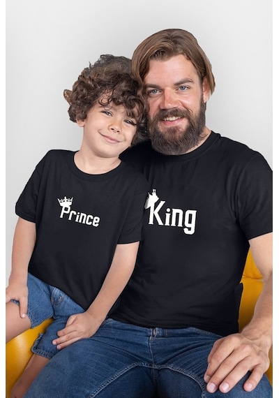King Prince Siyah Baba Oğul Kombini Tişört Giyim