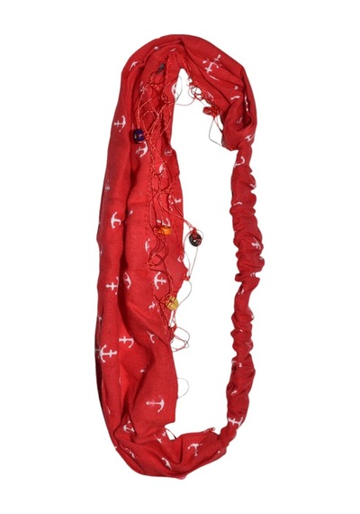 Lastikli Bandana Paraşüt Model Saç Bandı Boncuklu Çapa Desenli Kırmızı