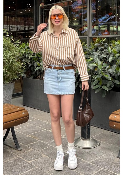 Madmext Bej Cep Detaylı Çizgili Kadın Gömlek Mg2295 Bej