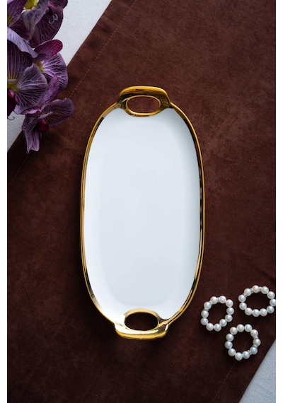 Acar Arven Oval Gold Sunum Tepsisi - 33 Cm Beyaz