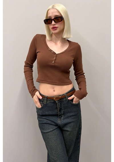 Madmext Acı Kahverengi V Yaka Uzun Kollu Düğme Detaylı Kaşkorse Bodysuit Mg2194 Acı Kahverengi