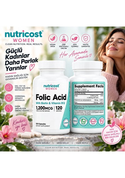Nutricost Women Folic Acid With Biotin Hair Skin & Vitamin B12 120 Capsules