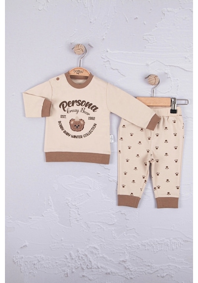 Babydonat Persona Bear Nakışlı % 100 Pamuk 2'li Erkek Bebek Takım Krem