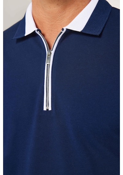 Tudors Erkek Slim Fit Dar Kesim %100 Pamuk Düz Pike Fermuarlı Lacivert Polo Yaka Tişört-31109 Lacivert
