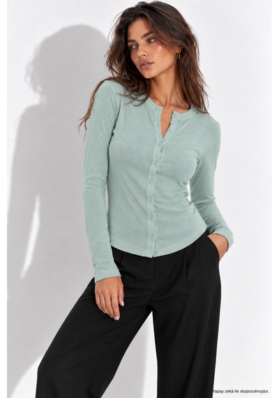 Wild Bee Kadın Mint Pamuklu Vücudu Saran Düğmeli Basic Hırka Bluz Mint Yeşili