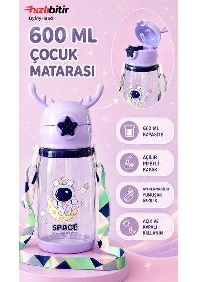 Bymyhand Kız Çocuk Karışık Figürlütaşıma Kulplu Kilit Kapaklı Pipetli Suluk Okul Matarası 600 Ml 1 A Çok Renkli