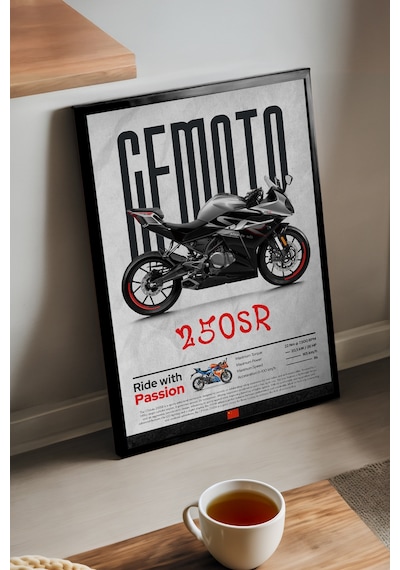 Cfmoto 250 Sr Siyah Ahşap Çerçeveli Poster, Dekoratif Motosiklet Duvar Tablosu