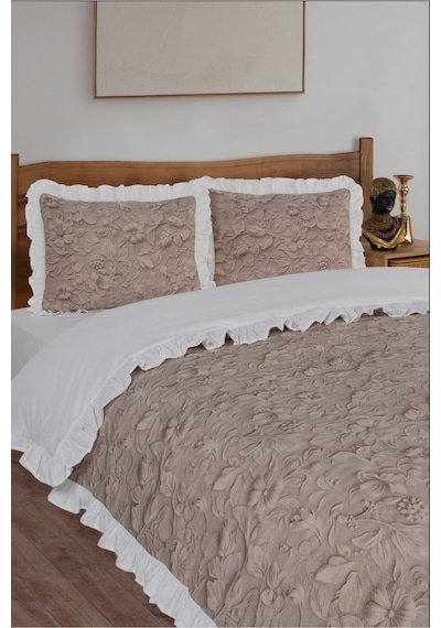 Uçkan Home %100 Pamuk Fırfırlı Çift Kişilik Nevresim Seti Bej Bej --UH-00027