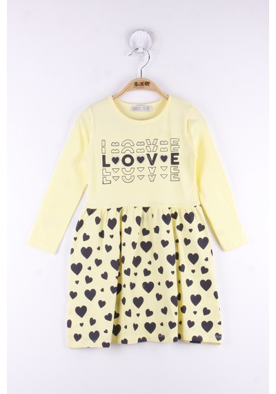 Toontoy Kız Çocuk Love Baskılı Elbise Sarı