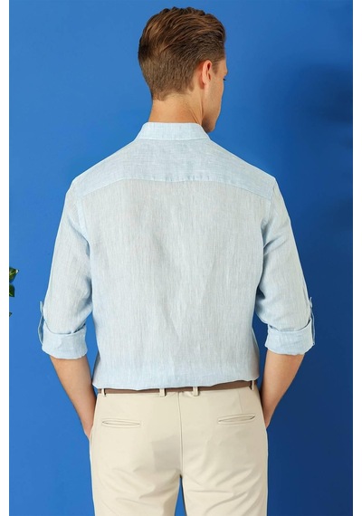 Efor Comfort Fit Düğmeli Yaka %100 Keten Apoletli Casual Mavi Gömlek G 1564 Mavi