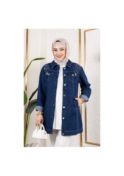 Harman Butik Kadın Boncuk İşlemeli Denim Kot Ceket Lacivert Lacivert