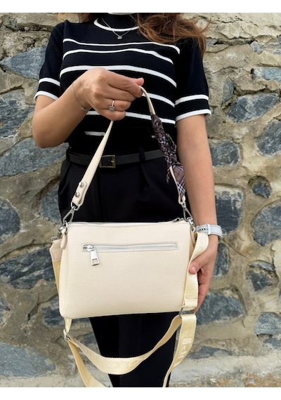 Kadın Orijinal Just Polo Yumuşak Deri Şal Detaylı Ayarlanabilir Askılı El Ve Omuz Çantası Shopper Krem