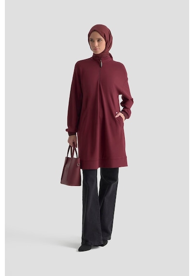 Armine Trend Yarım Fermuarlı Kolları Ribanalı Cepli Örme Tunik Bordo 25kt461 Bordo