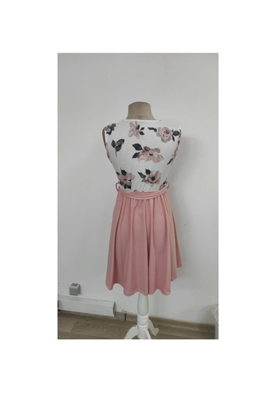 Butik İstanbul Kadın Sıfır Kollu V Yakalı Çiçek Baskılı Beli Kuşaklı Dalgıç Elbise Pembe