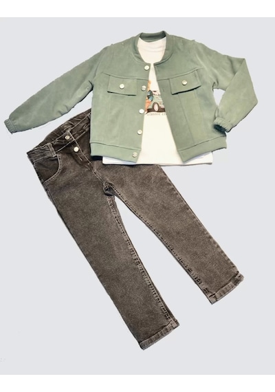 4-5-6 Yaş Kot Pantolonlu Nubukceketli Uzun Kollu Penye Sweat 3lü Erkek Çocuk Takımı Yeşil Yeşil