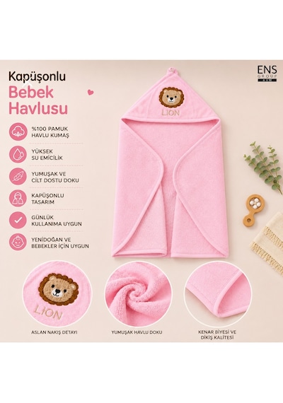 Kapüşonlu Bebek Bornoz Havlu %100 Pamuk Aslan Nakışlı Yumuşak Banyo Havlusu Pembe Açık Pembe
