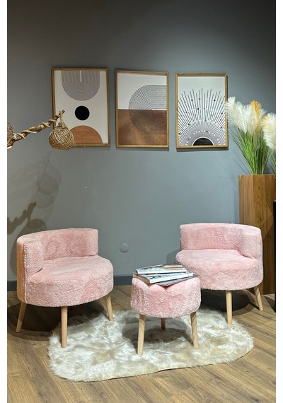 Elegant Comfort Pamuk Şeker Pembesi Çay Seti Ve Peluş Ikili Berjer & Puf Takımı - 3'lü Set