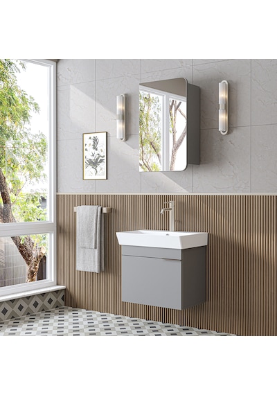 Likya Lavabolu Banyo Dolabı Takımı, Mdflam Tek Kapaklı Lavabolu 59 Cm Banyo Alt Dolabı + Üst Dolabı Kül Gri