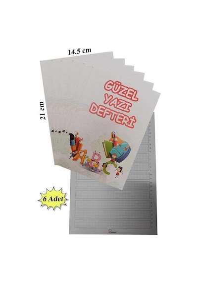 Güzel Yazı Defteri Küçük Boy 14,5x21 Cm 24 Yaprak 6 Adet Klavuzlu Standart Çizgili Yazı Defteri Dik Temel Harfl 1. Sınıf