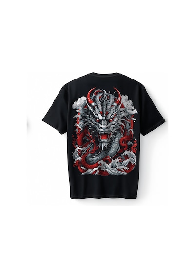 Bumeta Fire Red Dragon Fury Oversize Unisex Tişört T-shirt Siyah