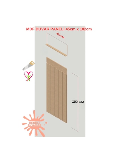 45x102 1 Adet Dekoratif, Duvar Çıtası Ham Ahşap Duvar Paneli, Boyanabilir, Ham, Mdf Panel
