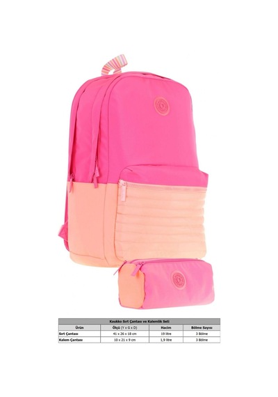 Kaukko Quick Kapitone Detaylı Pembe Turuncu Kız Çocuk Okul Çantası Ve Kalemlik Okul Seti Pembe - Turuncu